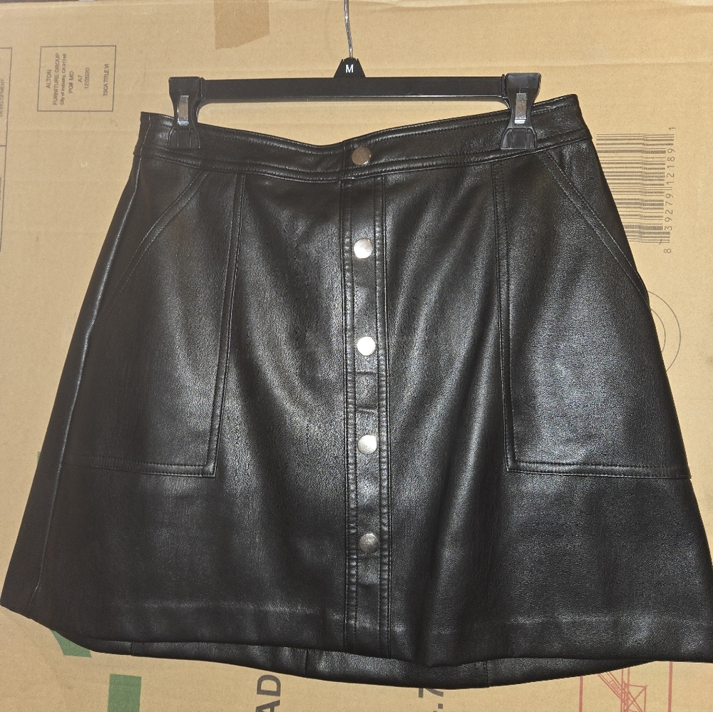 Bar III Black Faux Leather Button-Front A-Line Skirt
